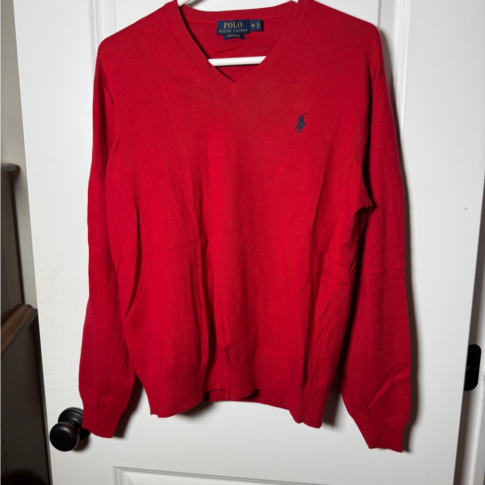 Polo Ralph Lauren Pima Cotton V Neck Sweater M Red Classic Pony Pullover